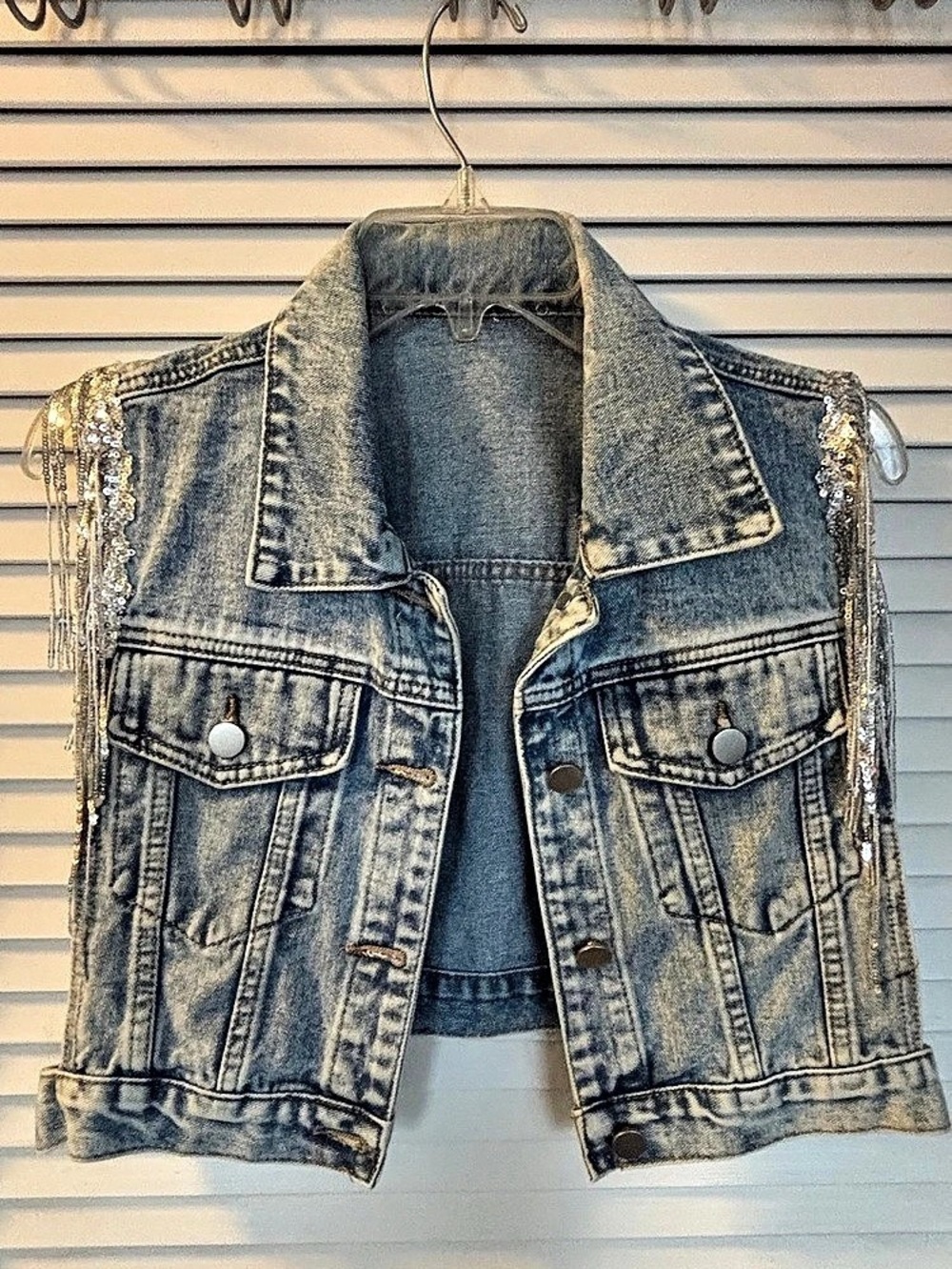 Sequin Embellished Denim Vest in Blue Like New